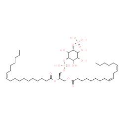 ChemSpider 2D Image | (2R)-3-[(Hydroxy{[(1S,5R)-2,3,4,6-tetrahydroxy-5-(phosphonooxy)cyclohexyl]oxy}phosphoryl)oxy]-2-[(11Z)-11-octadecenoyloxy]propyl (9Z,12Z)-9,12-octadecadienoate | C45H82O16P2