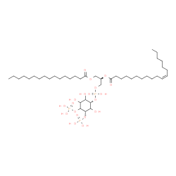 ChemSpider 2D Image | (2R)-1-[(Hydroxy{[(1S,5S)-2,3,6-trihydroxy-4,5-bis(phosphonooxy)cyclohexyl]oxy}phosphoryl)oxy]-3-(palmitoyloxy)-2-propanyl (11Z)-11-octadecenoate | C43H83O19P3