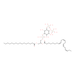 ChemSpider 2D Image | (2R)-1-[(Hydroxy{[(1S,5S)-2,3,6-trihydroxy-4,5-bis(phosphonooxy)cyclohexyl]oxy}phosphoryl)oxy]-3-(palmitoyloxy)-2-propanyl (8Z,11Z,14Z,17Z)-8,11,14,17-icosatetraenoate | C45H81O19P3