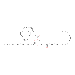 ChemSpider 2D Image | (2S)-3-[(9Z,12Z,15Z)-9,12,15-Octadecatrienoyloxy]-2-(tetradecanoyloxy)propyl (5Z,8Z,11Z,14Z)-5,8,11,14-icosatetraenoate | C55H92O6