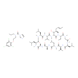 ChemSpider 2D Image | N-Propyl-N-[2-(2,4,6-trichlorophenoxy)ethyl]-1H-imidazole-1-carboxamide - (3S,6S,9S,12R,15S,18S,21S,24S,30S)-30-ethyl-33-[(1R,2R,4E)-1-hydroxy-2-methyl-4-hexen-1-yl]-6,9,18,24-tetraisobutyl-3,21-diiso
propyl-1,4,7,10,12,15,19,25,28-nonamethyl-1,4,7,10,13,16,19,22,25,28,31-undecaazacyclotritriacontane-2,5,8,11,14,17,20,23,26,29,32-undecone (1:1) | C77H127Cl3N14O14