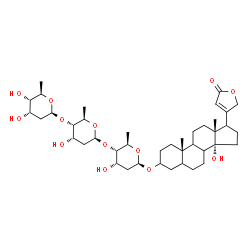 ChemSpider 2D Image | (8xi,9xi,14alpha,17xi)-3-{[2,6-Dideoxy-beta-D-ribo-hexopyranosyl-(1->4)-2,6-dideoxy-beta-D-ribo-hexopyranosyl-(1->4)-2,6-dideoxy-beta-D-ribo-hexopyranosyl]oxy}-14-hydroxycard-20(22)-enolide | C41H64O13