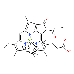 ChemSpider 2D Image | {3-[14-Ethyl-21-(methoxycarbonyl)-4,8,13,18-tetramethyl-20-oxo-9-vinyl-3,4-didehydro-3-phorbinyl-kappa~4~N~23~,N~24~,N~25~,N~26~]propanoato(3-)}magnesate(1-) | C35H31MgN4O5