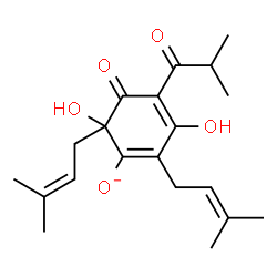 ChemSpider 2D Image | 3,6-Dihydroxy-4-isobutyryl-2,6-bis(3-methyl-2-buten-1-yl)-5-oxo-1,3-cyclohexadien-1-olate | C20H27O5