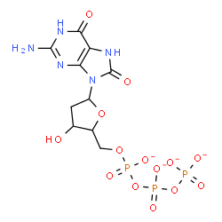 ChemSpider 2D Image | 2-Amino-9-[2-deoxy-5-O-({[(phosphonatooxy)phosphinato]oxy}phosphinato)pentofuranosyl]-7,9-dihydro-1H-purine-6,8-dione | C10H12N5O14P3