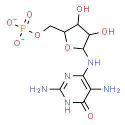 ChemSpider 2D Image | N-(2,5-Diamino-6-oxo-1,6-dihydro-4-pyrimidinyl)-5-O-phosphonatopentofuranosylamine | C9H14N5O8P