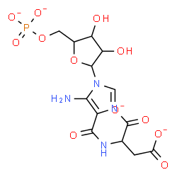 ChemSpider 2D Image | 5-Amino-N-(1,2-dicarboxylatoethyl)-1-(5-O-phosphonatopentofuranosyl)-1H-imidazole-4-carboxamide | C13H15N4O12P