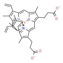 ChemSpider 2D Image | [3,3'-(3,7,12,17-Tetramethyl-8,13-divinyl-2,18-porphyrindiyl-kappa~4~N~21~,N~22~,N~23~,N~24~)dipropanoato(4-)]iron | C34H30FeN4O4