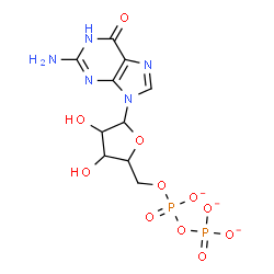 ChemSpider 2D Image | 2-Amino-9-{5-O-[(phosphonatooxy)phosphinato]pentofuranosyl}-1,9-dihydro-6H-purin-6-one | C10H12N5O11P2