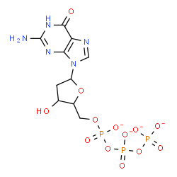 ChemSpider 2D Image | 2-Amino-9-[2-deoxy-5-O-({[(phosphonatooxy)phosphinato]oxy}phosphinato)pentofuranosyl]-1,9-dihydro-6H-purin-6-one | C10H12N5O13P3