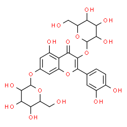 ChemSpider 2D Image | 2-(3,4-Dihydroxyphenyl)-3-(hexopyranosyloxy)-5-hydroxy-4-oxo-4H-chromen-7-yl hexopyranoside | C27H30O17