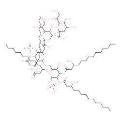 ChemSpider 2D Image | 3-Deoxy-6-(1,2-dihydroxyethyl)hex-2-ulopyranonosyl-(2->4)-3-deoxy-6-(1,2-dihydroxyethyl)hex-2-ulopyranonosyl-(2->6)-2-deoxy-3-O-(3-hydroxytetradecanoyl)-2-[(3-hydroxytetradecanoyl)amino]-4-O-phosphona
tohexopyranosyl-(1->6)-2-deoxy-3-O-(3-hydroxytetradecanoyl)-2-[(3-hydroxytetradecanoyl)amino]-1-O-phosphonatohexopyranose | C84H148N2O37P2