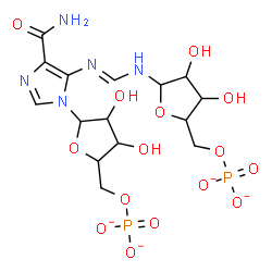 ChemSpider 2D Image | [5-[4-carbamoyl-5-[(E)-[[3,4-dihydroxy-5-(phosphonatooxymethyl)tetrahydrofuran-2-yl]amino]methyleneamino]imidazol-1-yl]-3,4-dihydroxy-tetrahydrofuran-2-yl]methyl phosphate | C15H21N5O15P2