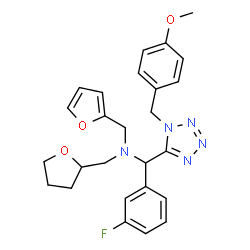 ChemSpider 2D Image | 1-(3-Fluorophenyl)-N-(2-furylmethyl)-1-[1-(4-methoxybenzyl)-1H-tetrazol-5-yl]-N-(tetrahydro-2-furanylmethyl)methanamine | C26H28FN5O3