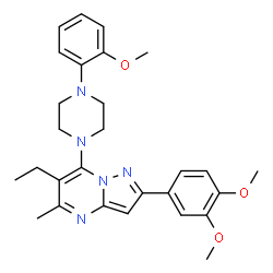 ChemSpider 2D Image | 2-(3,4-Dimethoxyphenyl)-6-ethyl-7-[4-(2-methoxyphenyl)-1-piperazinyl]-5-methylpyrazolo[1,5-a]pyrimidine | C28H33N5O3