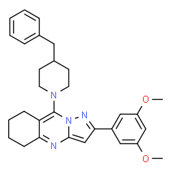 ChemSpider 2D Image | 9-(4-Benzyl-1-piperidinyl)-2-(3,5-dimethoxyphenyl)-5,6,7,8-tetrahydropyrazolo[5,1-b]quinazoline | C30H34N4O2