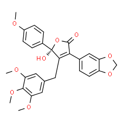ChemSpider 2D Image | (5R)-3-(1,3-Benzodioxol-5-yl)-5-hydroxy-5-(4-methoxyphenyl)-4-(3,4,5-trimethoxybenzyl)-2(5H)-furanone | C28H26O9