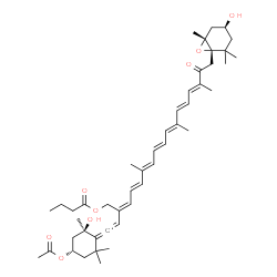 ChemSpider 2D Image | [(2Z,4E,6E,8E,10E,12E,14E)-2-[2-[(2R,4S)-4-acetoxy-2-hydroxy-2,6,6-trimethyl-cyclohexylidene]vinyl]-17-[(1R,3S,6S)-3-hydroxy-1,5,5-trimethyl-7-oxabicyclo[4.1.0]heptan-6-yl]-6,11,15-trimethyl-16-oxo-heptadeca-2,4,6,8,10,12,14-heptaenyl] butanoate | C46H64O8
