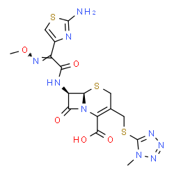 ChemSpider 2D Image | (6R,7R)-7-{[(2E)-2-(2-Amino-1,3-thiazol-4-yl)-2-(methoxyimino)acetyl]amino}-3-{[(1-methyl-1H-tetrazol-5-yl)sulfanyl]methyl}-8-oxo-5-thia-1-azabicyclo[4.2.0]oct-2-ene-2-carboxylic acid | C16H17N9O5S3