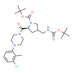 ChemSpider 2D Image | 2-Methyl-2-propanyl (2S)-2-{[4-(3-chloro-2-methylphenyl)-1-piperazinyl]carbonyl}-4-[({[(2-methyl-2-propanyl)oxy]carbonyl}amino)methyl]-1-pyrrolidinecarboxylate | C27H41ClN4O5