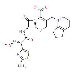ChemSpider 2D Image | (6R,7R)-7-{[(2E)-2-(2-Amino-1,3-thiazol-4-yl)-2-(methoxyimino)acetyl]amino}-3-(6,7-dihydro-5H-cyclopenta[b]pyridinium-1-ylmethyl)-8-oxo-5-thia-1-azabicyclo[4.2.0]oct-2-ene-2-carboxylate | C22H22N6O5S2