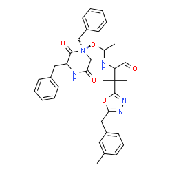 ChemSpider 2D Image | (1S)-1,3-Dibenzyl-1-[1-({3-methyl-3-[5-(3-methylbenzyl)-1,3,4-oxadiazol-2-yl]-1-oxo-2-butanyl}amino)ethoxy]-2,5-dioxopiperazin-1-ium | C35H40N5O5