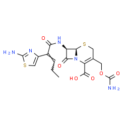 ChemSpider 2D Image | (6R,7R)-7-{[(2E)-2-(2-Amino-1,3-thiazol-4-yl)-2-pentenoyl]amino}-3-[(carbamoyloxy)methyl]-8-oxo-5-thia-1-azabicyclo[4.2.0]oct-2-ene-2-carboxylic acid | C17H19N5O6S2
