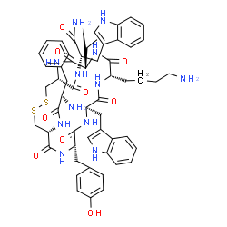 ChemSpider 2D Image | (4R,7S,10S,13R,16S,19R)-10-(4-Aminobutyl)-N-[(2S)-1-amino-3-(1H-indol-3-yl)-1-oxo-2-propanyl]-16-(4-hydroxybenzyl)-13-(1H-indol-3-ylmethyl)-7-isopropyl-6,9,12,15,18-pentaoxo-19-(D-phenylalanylamino)-1
,2-dithia-5,8,11,14,17-pentaazacycloicosane-4-carboxamide | C57H70N12O9S2