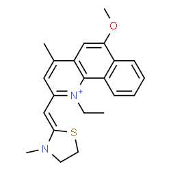ChemSpider 2D Image | 1-Ethyl-6-methoxy-4-methyl-2-[(Z)-(3-methyl-1,3-thiazolidin-2-ylidene)methyl]benzo[h]quinolinium | C22H25N2OS