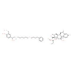 ChemSpider 2D Image | (6alpha,8alpha,10alpha,11beta,13alpha,16alpha,17alpha)-6,9-Difluoro-17-{[(fluoromethyl)sulfanyl]carbonyl}-11-hydroxy-16-methyl-3-oxoandrosta-1,4-dien-17-yl propanoate - 2-(hydroxymethyl)-4-(1-hydroxy-
2-{[6-(4-phenylbutoxy)hexyl]amino}ethyl)phenol (1:1) | C50H68F3NO9S