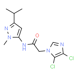 ChemSpider 2D Image | 2-(4,5-Dichloro-1H-imidazol-1-yl)-N-(3-isopropyl-1-methyl-1H-pyrazol-5-yl)acetamide | C12H15Cl2N5O