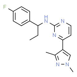 ChemSpider 2D Image | 4-(1,3-Dimethyl-1H-pyrazol-4-yl)-N-[1-(4-fluorophenyl)propyl]-2-pyrimidinamine | C18H20FN5