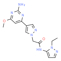 ChemSpider 2D Image | 2-[4-(2-Amino-6-methoxy-4-pyrimidinyl)-1H-pyrazol-1-yl]-N-(1-ethyl-1H-pyrazol-5-yl)acetamide | C15H18N8O2