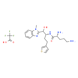 ChemSpider 2D Image | N-[(2R)-1-Hydroxy-1-(1-methyl-1H-benzimidazol-2-yl)-4-(3-thienyl)-2-butanyl]-D-ornithinamide trifluoroacetate (1:1) | C23H30F3N5O4S