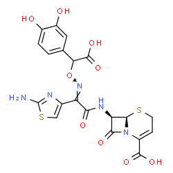 ChemSpider 2D Image | (6R,7R)-7-{[(2E)-2-(2-Amino-1,3-thiazol-4-yl)-2-{[carboxy(3,4-dihydroxyphenyl)methoxy]imino}acetyl]amino}-8-oxo-5-thia-1-azabicyclo[4.2.0]oct-2-ene-2-carboxylic acid | C20H17N5O9S2