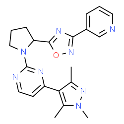 ChemSpider 2D Image | 2-{2-[3-(3-Pyridinyl)-1,2,4-oxadiazol-5-yl]-1-pyrrolidinyl}-4-(1,3,5-trimethyl-1H-pyrazol-4-yl)pyrimidine | C21H22N8O