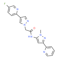 ChemSpider 2D Image | 2-[4-(5-Fluoro-2-pyridinyl)-1H-pyrazol-1-yl]-N-[1-methyl-3-(2-pyridinyl)-1H-pyrazol-5-yl]acetamide | C19H16FN7O
