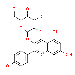 ChemSpider 2D Image | 5,7-Dihydroxy-2-(4-hydroxyphenyl)-3-chromeniumyl beta-L-glycero-hexopyranoside | C21H21O10