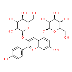 ChemSpider 2D Image | 5-(beta-D-threo-Hexopyranosyloxy)-7-hydroxy-2-(4-hydroxyphenyl)-3-chromeniumyl alpha-L-glycero-hexopyranoside | C27H31O15