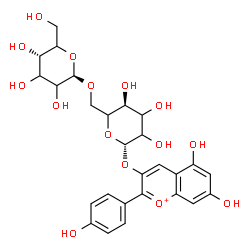 ChemSpider 2D Image | 5,7-Dihydroxy-2-(4-hydroxyphenyl)-3-chromeniumyl 6-O-beta-D-glycero-hexopyranosyl-beta-D-glycero-hexopyranoside | C27H31O15