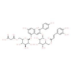 ChemSpider 2D Image | 5-{[6-O-(Carboxyacetyl)-beta-D-threo-hexopyranosyl]oxy}-7-hydroxy-2-(4-hydroxyphenyl)-3-chromeniumyl 6-O-[(2E)-3-(3,4-dihydroxyphenyl)-2-propenoyl]-alpha-L-glycero-hexopyranoside | C39H39O21