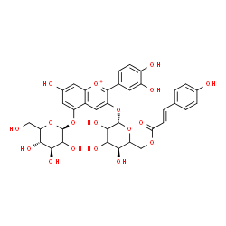 ChemSpider 2D Image | 2-(3,4-Dihydroxyphenyl)-5-(beta-D-threo-hexopyranosyloxy)-7-hydroxy-3-chromeniumyl 6-O-[(2E)-3-(4-hydroxyphenyl)-2-propenoyl]-beta-D-glycero-hexopyranoside | C36H37O18