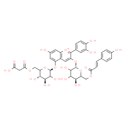 ChemSpider 2D Image | 5-{[6-O-(Carboxyacetyl)-beta-D-threo-hexopyranosyl]oxy}-2-(3,4-dihydroxyphenyl)-7-hydroxy-3-chromeniumyl 6-O-[(2E)-3-(4-hydroxyphenyl)-2-propenoyl]-beta-D-glycero-hexopyranoside | C39H39O21