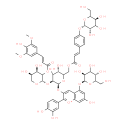 ChemSpider 2D Image | 2-(3,4-Dihydroxyphenyl)-5-(beta-D-threo-hexopyranosyloxy)-7-hydroxy-3-chromeniumyl 6-O-{(2E)-3-[4-(beta-D-threo-hexopyranosyloxy)phenyl]-2-propenoyl}-2-O-{(2xi)-2-O-[(2E)-3-(4-hydroxy-3,5-dimethoxyphe
nyl)-2-propenoyl]-beta-D-erythro-pentopyranosyl}-beta-D-threo-hexopyranoside | C58H65O31
