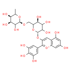 ChemSpider 2D Image | 5,7-Dihydroxy-2-(3,4,5-trihydroxyphenyl)-3-chromeniumyl 6-O-(6-deoxy-alpha-L-erythro-hexopyranosyl)-beta-D-glycero-hexopyranoside | C27H31O16