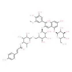 ChemSpider 2D Image | 2-(3,4-Dihydroxy-5-methoxyphenyl)-5-(beta-D-threo-hexopyranosyloxy)-7-hydroxy-3-chromeniumyl 6-O-{6-deoxy-4-O-[(2E)-3-(4-hydroxyphenyl)-2-propenoyl]-alpha-L-erythro-hexopyranosyl}-beta-D-glycero-hexop
yranoside | C43H49O23