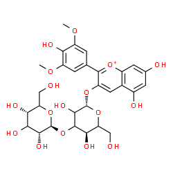 ChemSpider 2D Image | 5,7-Dihydroxy-2-(4-hydroxy-3,5-dimethoxyphenyl)-3-chromeniumyl 3-O-beta-D-erythro-hexopyranosyl-beta-D-glycero-hexopyranoside | C29H35O17