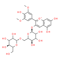 ChemSpider 2D Image | 5,7-Dihydroxy-2-(4-hydroxy-3,5-dimethoxyphenyl)-3-chromeniumyl 6-O-beta-D-glycero-hexopyranosyl-alpha-L-glycero-hexopyranoside | C29H35O17