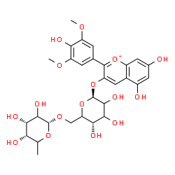 ChemSpider 2D Image | 5,7-Dihydroxy-2-(4-hydroxy-3,5-dimethoxyphenyl)-3-chromeniumyl 6-O-(6-deoxy-alpha-L-erythro-hexopyranosyl)-beta-D-glycero-hexopyranoside | C29H35O16