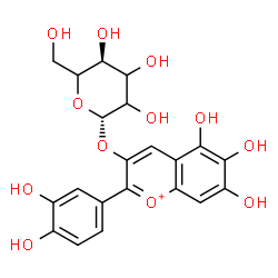 ChemSpider 2D Image | 2-(3,4-Dihydroxyphenyl)-5,6,7-trihydroxy-3-chromeniumyl beta-D-glycero-hexopyranoside | C21H21O12